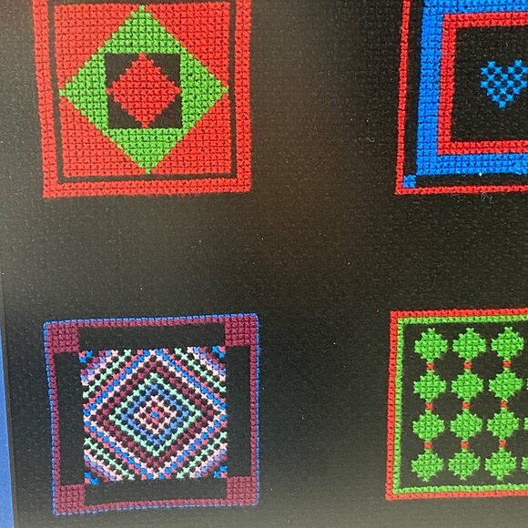 Vintage Handmade Amish Quilt Squares 14" Framed Cross Stitch - Picture 4 of 11